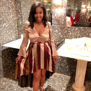 Satin top, and burgundy stripe dress